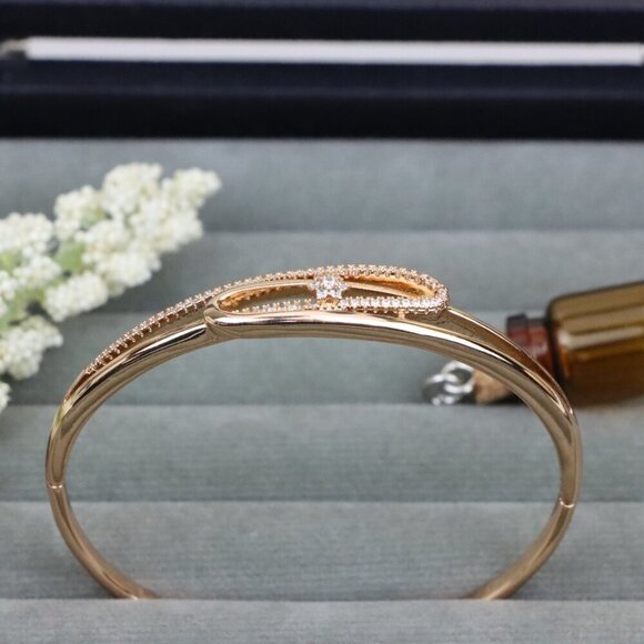 Rose Gold Bangle with Oval Loop and Center Flower Stone Accent, XPBL0546 - Picture 1 of 12